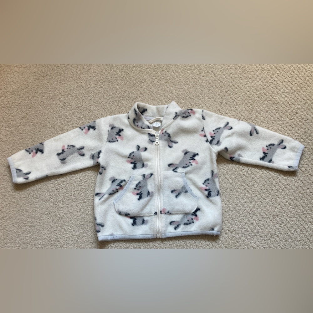 Cute baby girl off white and grey bunnies fleece zip up sweater 6-9 month (74cm)